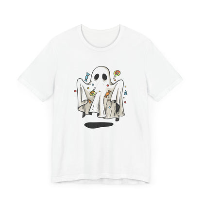 Cute Halloween Ghost Floating, Covered in Candy TShirt, Trick or Treat Shirt, Spooky Ghost Season Tee, Fun Halloween Party, Festival T-Shirt T-Shirt Printify   