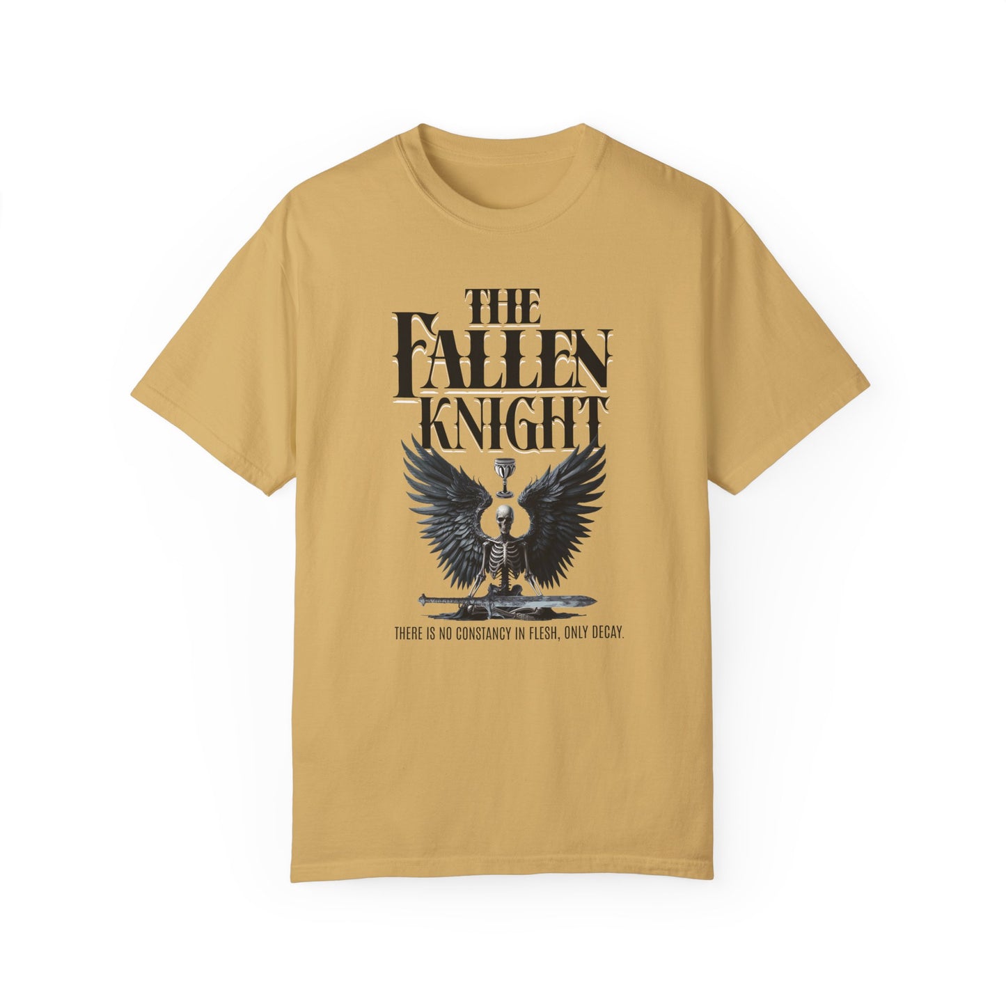 Fallen Knight T-shirt Ren Faire Gothic Skeleton Tee Renaissance Medieval Faire Shirt Fantasy Lover Gift Music Festivals Cosplay Fan Tee T-Shirt Printify Mustard S 