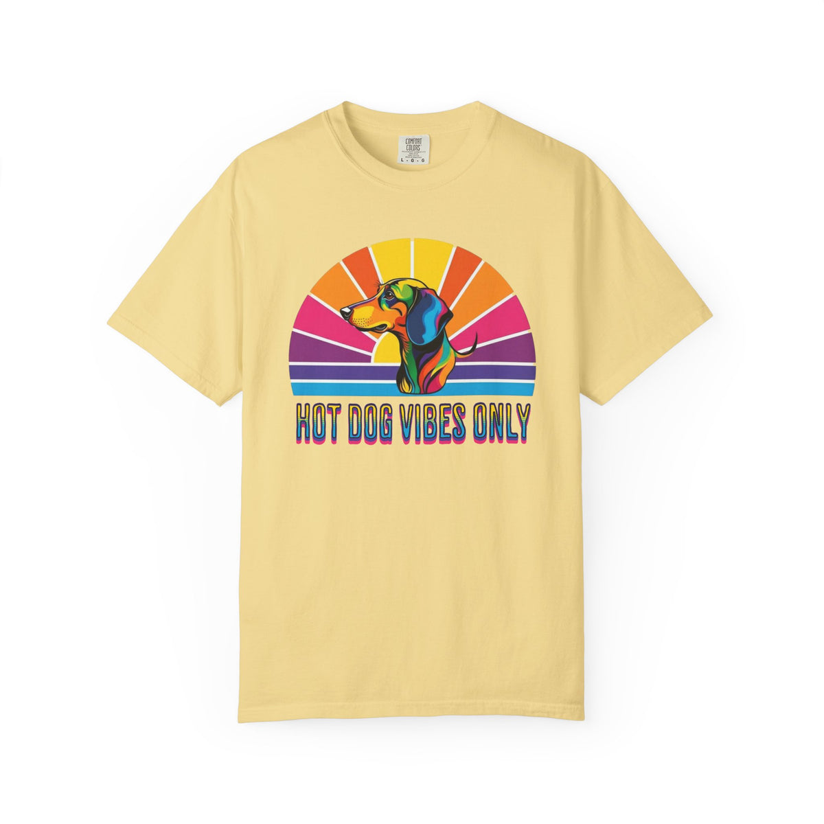 Hot Dog Vibes Only Dachshund T-shirt | Retro Rainbow Sunrise