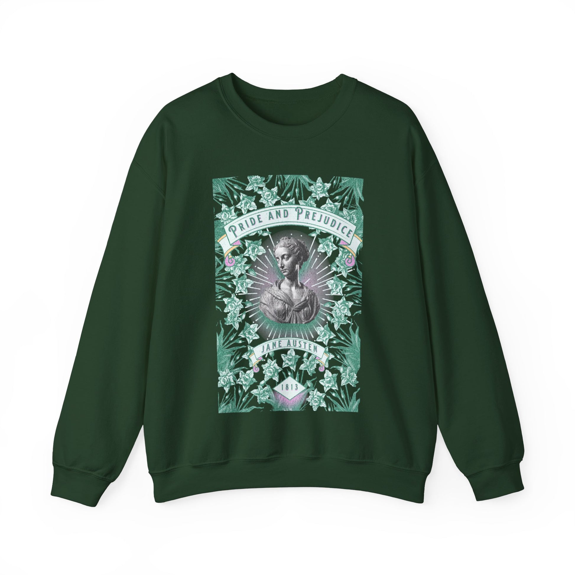 Jane Austen Sweatshirt, Pride & Prejudice Historical Romance Sweater, Bookish Literary Jane Austen Fan Art Gift, Gift for Her, Readers, Sweatshirt Printify S Forest Green 