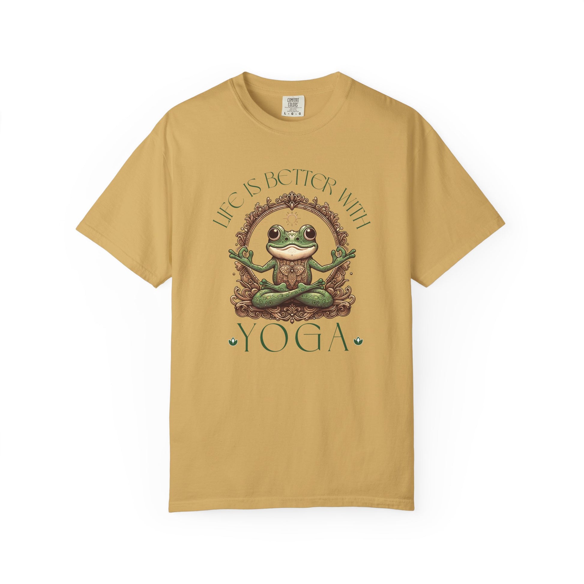 Green Yoga Frog Life Is Better With Yoga Unisex T-Shirt, Casual Wear, Highlander Fan Gift, T-Shirt Printify Mustard S