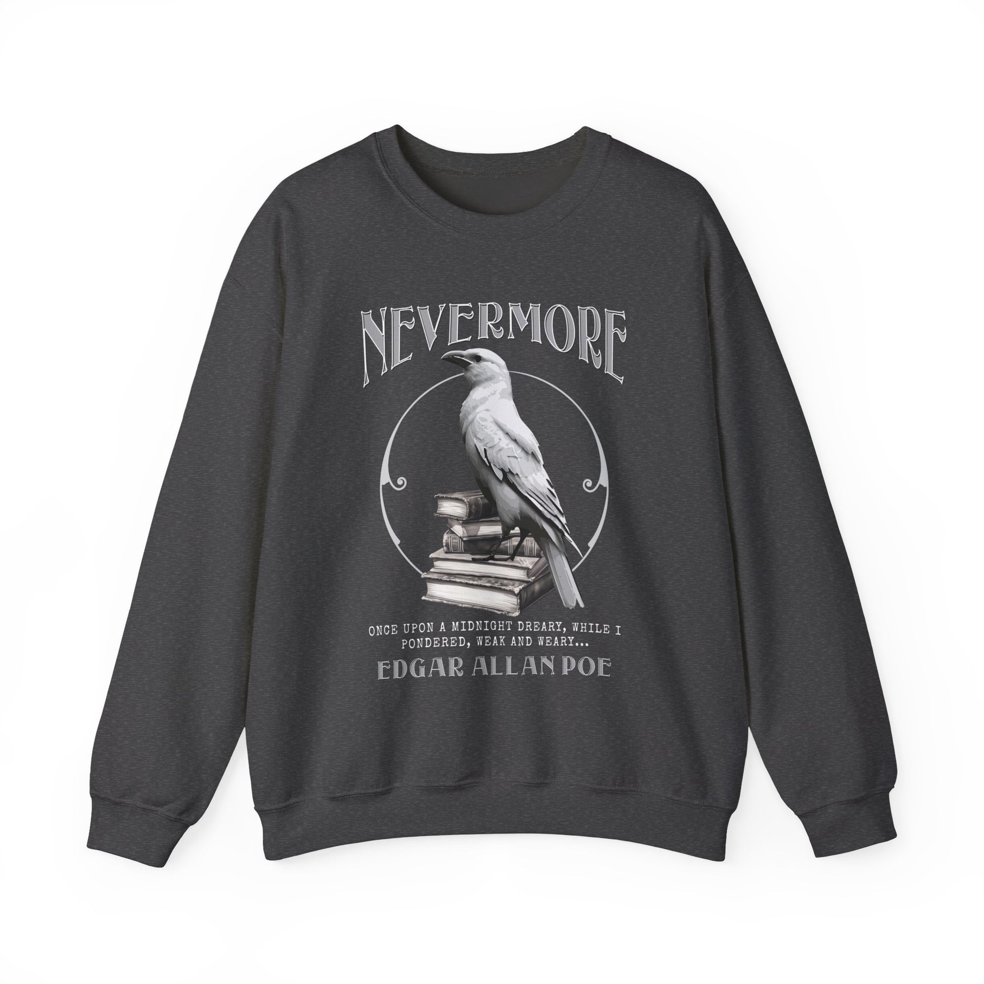 The White Raven Edgar Allan Poe Nevermore Sweatshirt Book Lover Halloween Haunting Gothic Gift Light Dark Academia Horror Movie Bookclub Sweater Sweatshirt Printify S Dark Heather 