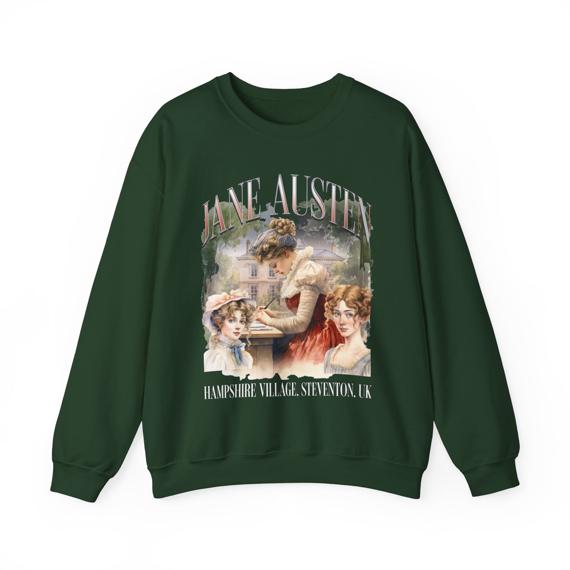 Retro Jane Austen Unisex Heavy Blend™ Crewneck Sweatshirt Sweatshirt Printify S Forest Green 