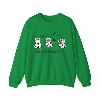 Cute Halloween Cow Ghost Cats Sweatshirt, Cats in Cow Ghost Costumes, Spooky Season Sweater, Halloween Party Shirt, Cat Lover Gift Sweatshirt Printify S Irish Green 