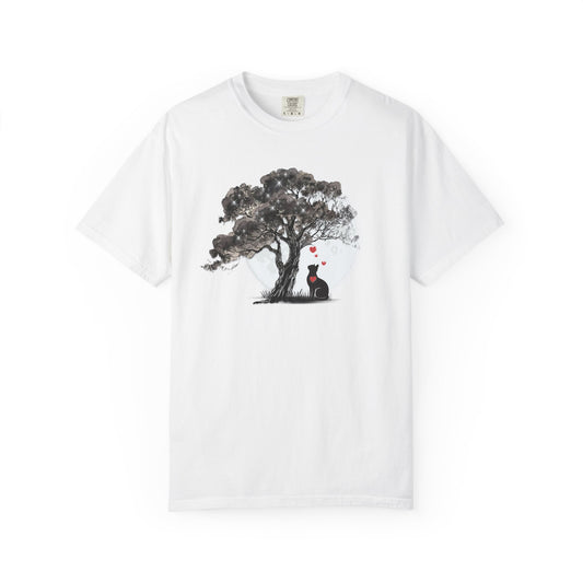 TREE MOON PET Black Dog Under Tree with Red Ball T-shirt | Dog Silhouette Nature Tee