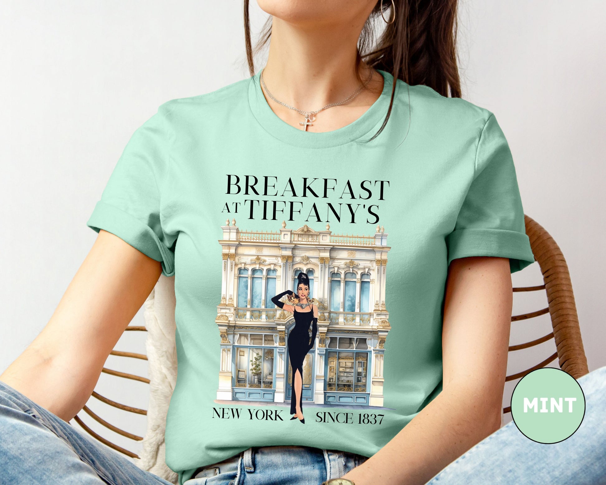 Breakfast at Tiffany's Brunch T-Shirt, Classic Audrey Crew, Girls Brunching Weekend Tee, Women's Shirt, Mimosa And Champagne Gifts T-Shirt Printify   