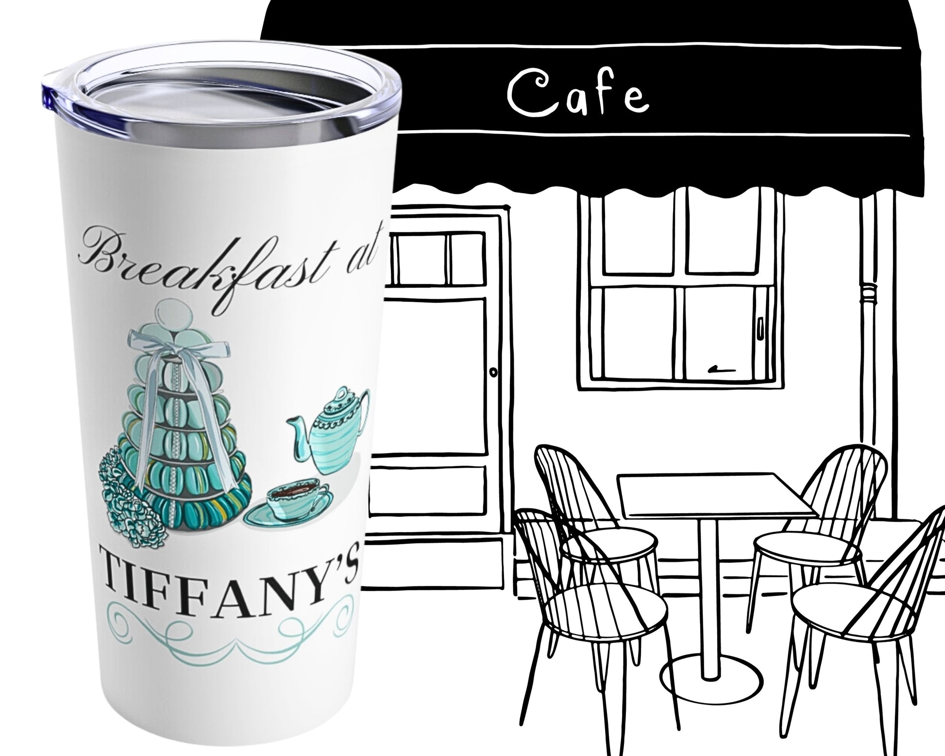 Breakfast at Tiffany's T & Co 20oz Tumbler, Classic Audrey Crew, Girls Brunching Weekend, Holly Golightly Fan Gift For Mom, Book Club Gift Mug Printify   