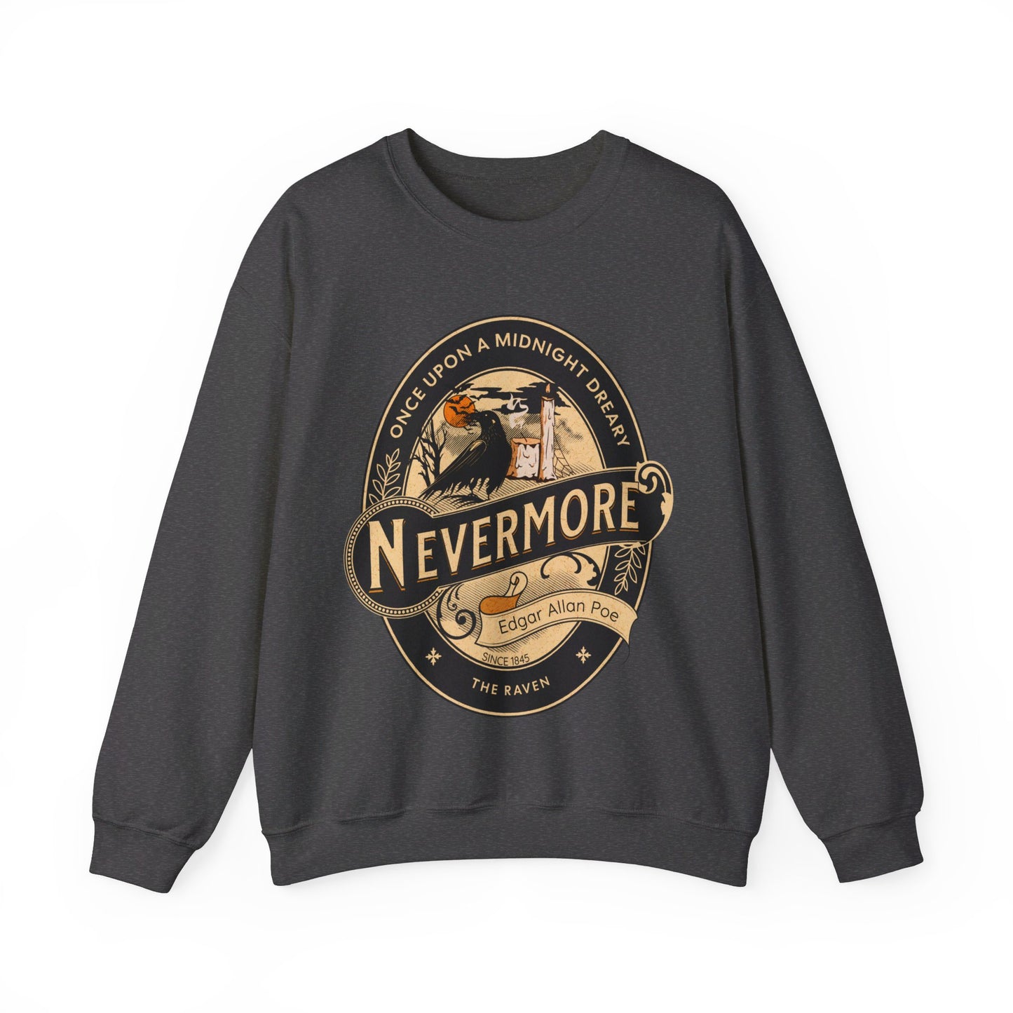 Edgar Allan Poe, Nevermore The Raven Sweatshirt, Book Lover, Halloween, Haunting Gothic Gift, Light, Dark Academia, Horror Movie Sweater Sweatshirt Printify S Dark Heather 