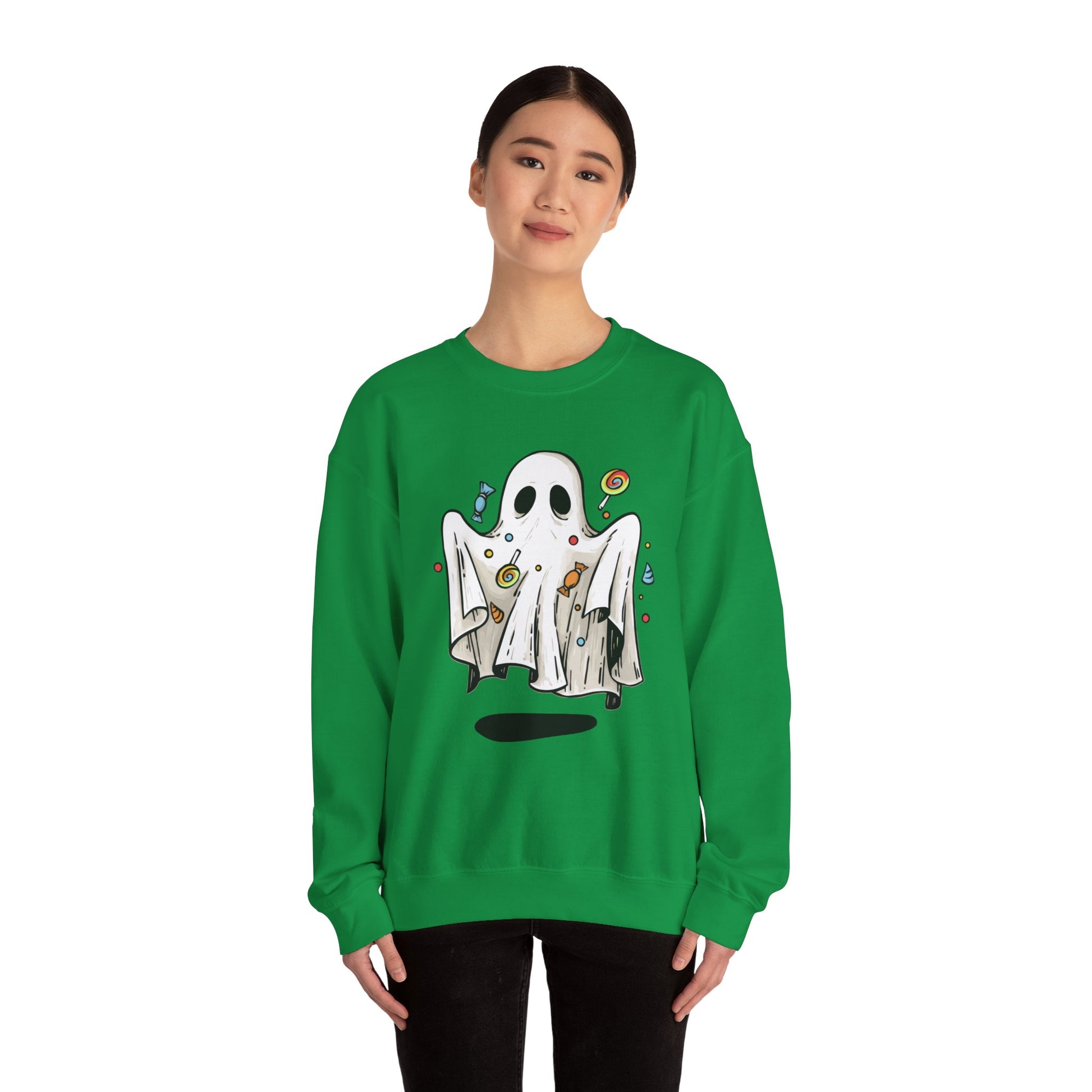 Cute Halloween Ghost Floating, Covered in Candy Sweatshirt, Trick or Treat Shirt, Spooky Ghost Season, Fun Halloween Party, Festival Sweater Sweatshirt Printify   