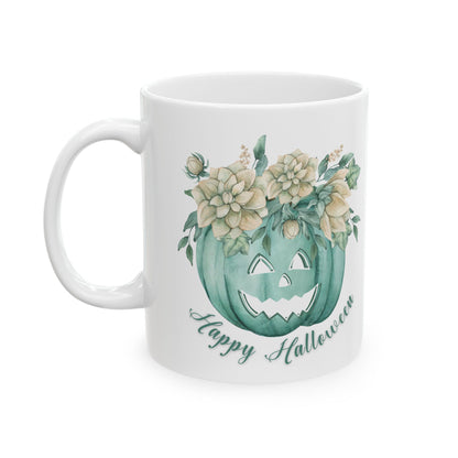 Halloween Carved Pumpkin and Floral Design Coffee Mug, Cottagecore Fall Autumn Gift, Spooky Season Halloween Lover Mug, Gift for Mom, Friend Mug Printify   