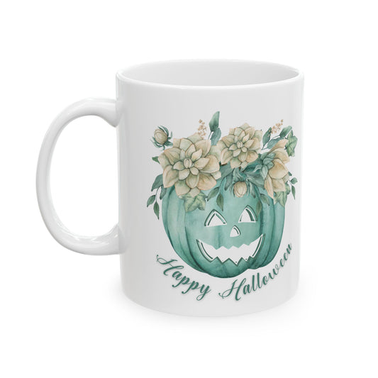 Halloween Carved Pumpkin and Floral Design Coffee Mug, Cottagecore Fall Autumn Gift, Spooky Season Halloween Lover Mug, Gift for Mom, Friend Mug Printify   