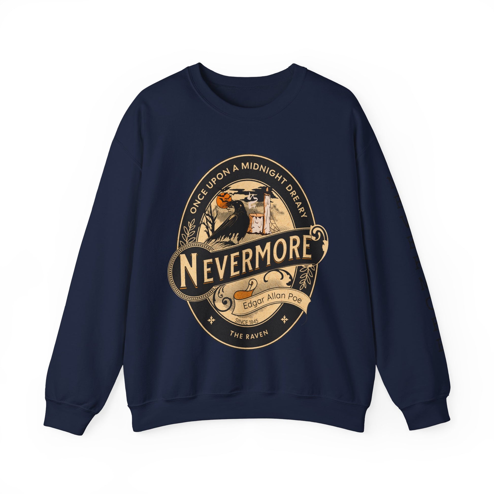 Edgar Allan Poe, Sleeve Print Nevermore The Raven Sweatshirt, Book Lover, Halloween, Haunting Gothic Gift, Light, Dark Academia, Horror Movie Sweater Sweatshirt Printify S Navy 