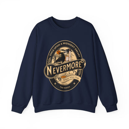 Edgar Allan Poe, Sleeve Print Nevermore The Raven Sweatshirt, Book Lover, Halloween, Haunting Gothic Gift, Light, Dark Academia, Horror Movie Sweater Sweatshirt Printify S Navy 