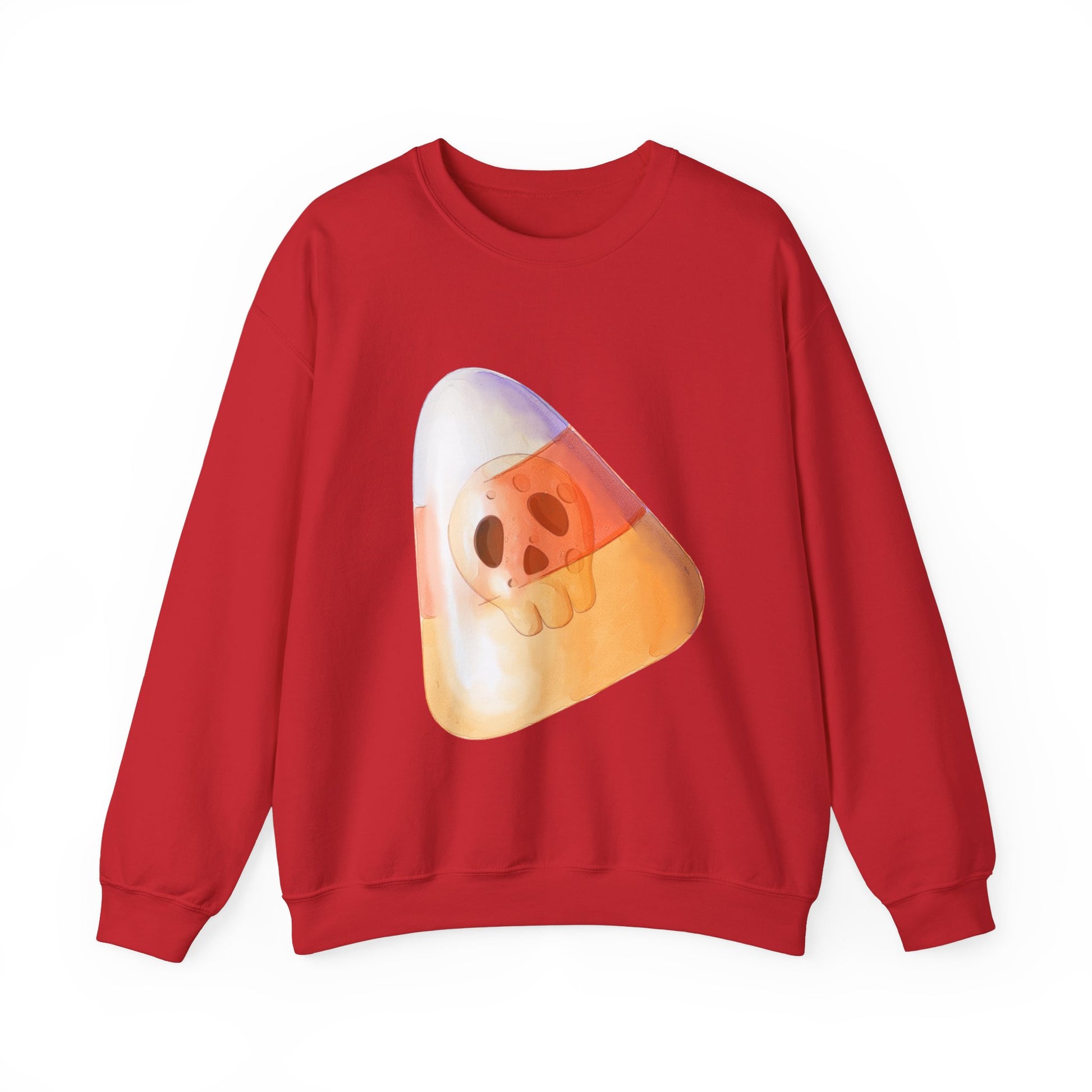 Halloween Candy Corn With Skull Face Sweatshirt, Trick or Treat Shirt, Spooky Ghost Season, Fun Halloween Fall Festival Party Sweater Sweatshirt Printify S Red 