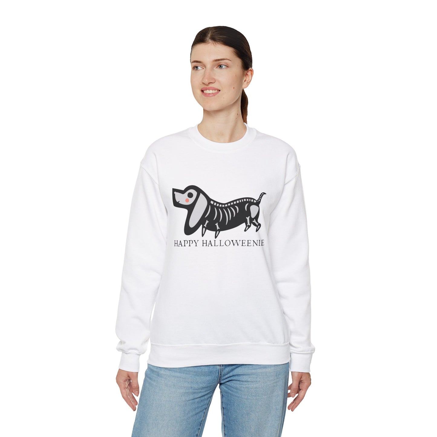 Funny Halloween Dachshund Lover Sweatshirt, Skeleton Dachshund Walking Graphic, Trick or Treat Shirt, Spooky Season, Happy Halloweenie Top Sweatshirt Printify   