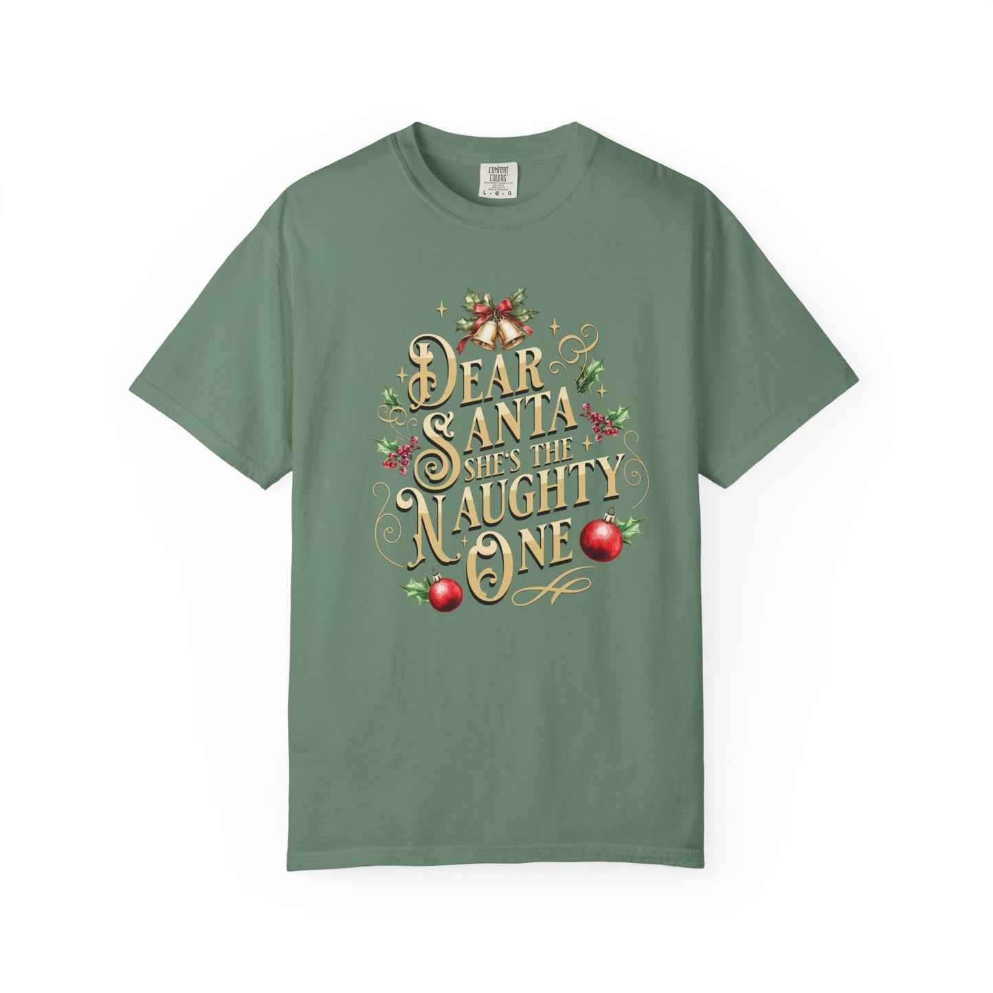 She's The Naughty One Christmas T-Shirt, Funny Holiday Gift, Dear Santa I'm the Reason Why Tee, Unisex Casual Wear, Festive Apparel T-Shirt Printify Light Green S