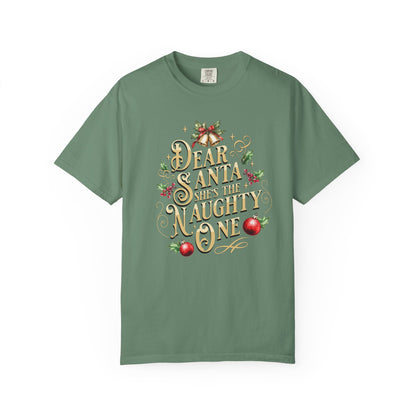 She's The Naughty One Christmas T-Shirt, Funny Holiday Gift, Dear Santa I'm the Reason Why Tee, Unisex Casual Wear, Festive Apparel T-Shirt Printify Light Green S
