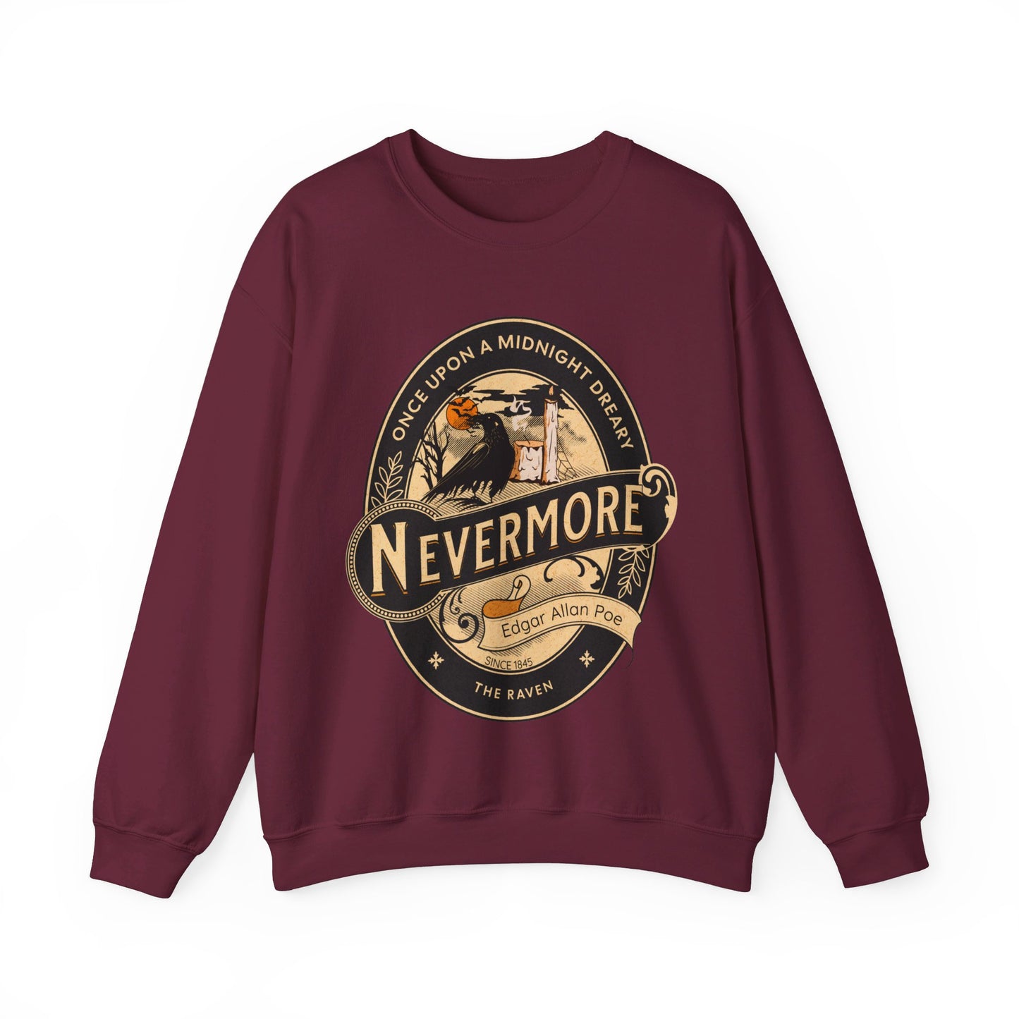 Edgar Allan Poe, Nevermore The Raven Sweatshirt, Book Lover, Halloween, Haunting Gothic Gift, Light, Dark Academia, Horror Movie Sweater Sweatshirt Printify S Maroon 