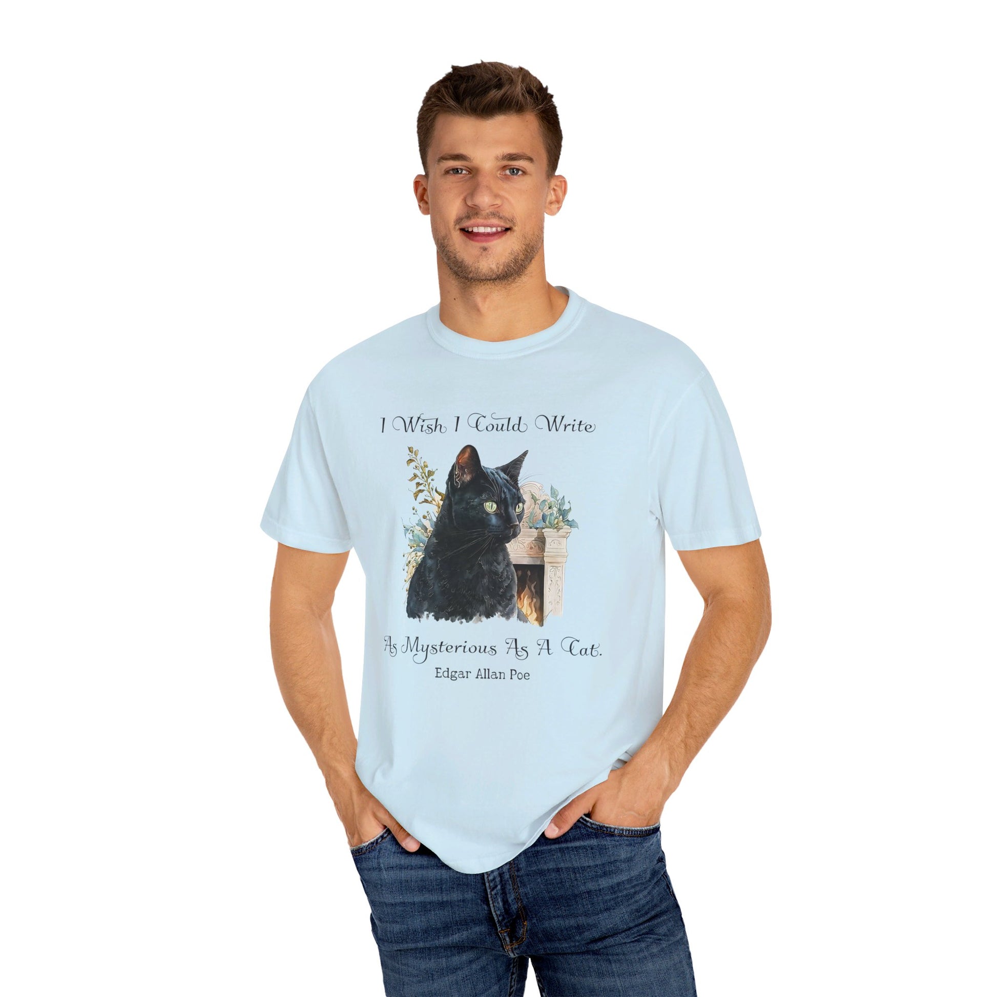 Edgar Allan Poe T-Shirt The Black Cat Nevermore The Raven Poe Fan Art Poetry Book Lover, Dark Cottagecore Macabre Gift, Light, Dark Academia T-Shirt Printify   