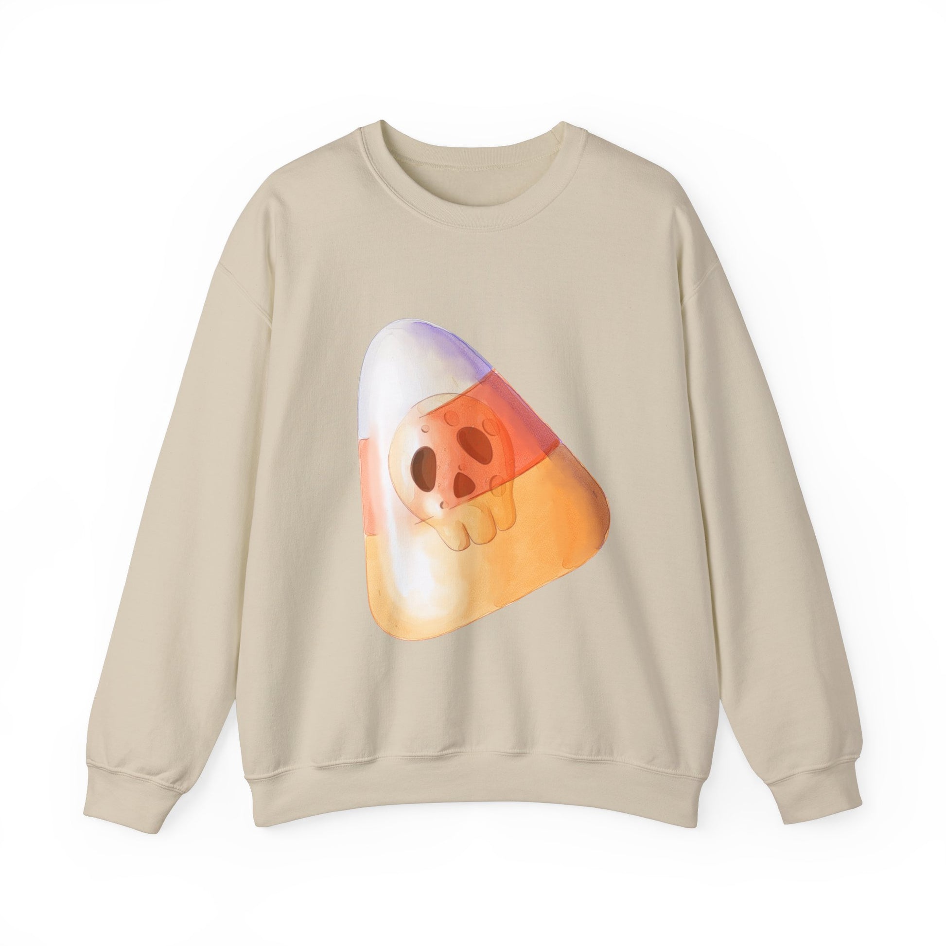 Halloween Candy Corn With Skull Face Sweatshirt, Trick or Treat Shirt, Spooky Ghost Season, Fun Halloween Fall Festival Party Sweater Sweatshirt Printify S Sand 