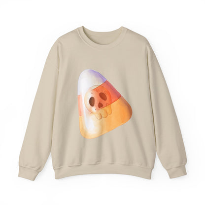 Halloween Candy Corn With Skull Face Sweatshirt, Trick or Treat Shirt, Spooky Ghost Season, Fun Halloween Fall Festival Party Sweater Sweatshirt Printify S Sand 