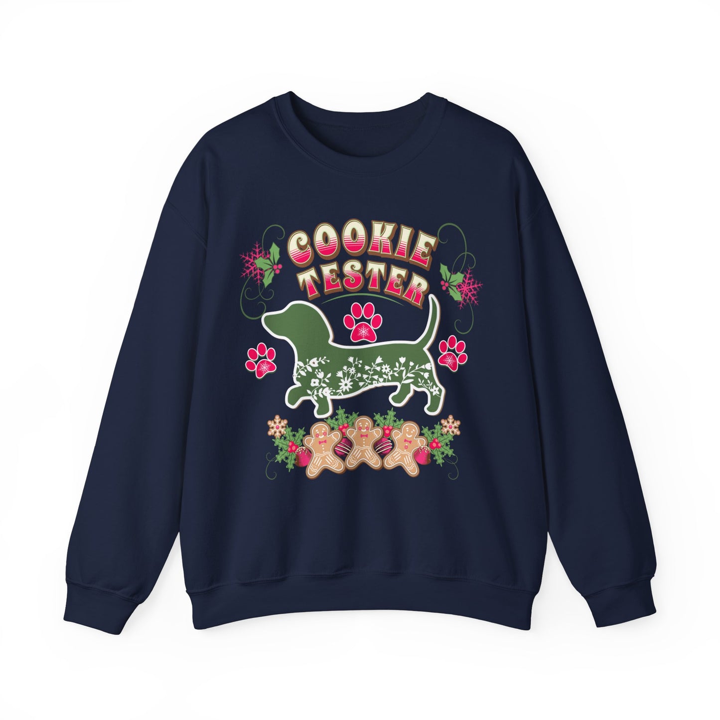 Christmas Dachshund Lover Baking Sweatshirt, Doxie Cookie Tester XMas T-Shirt, Dog Lover Shirt, Matching Family Christmas Cookie Baking Gift Sweatshirt Printify S Navy 