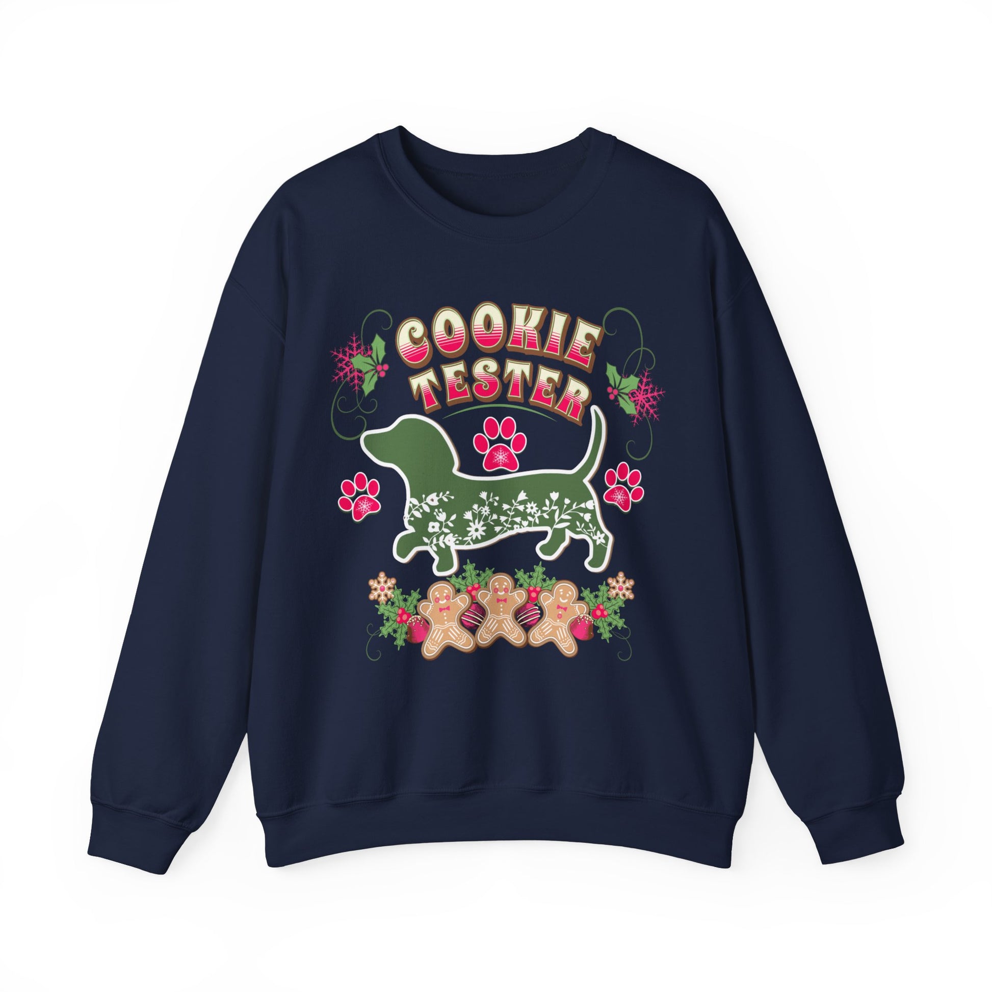 Christmas Dachshund Lover Baking Sweatshirt, Doxie Cookie Tester XMas T-Shirt, Dog Lover Shirt, Matching Family Christmas Cookie Baking Gift Sweatshirt Printify S Navy 