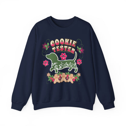 Christmas Dachshund Lover Baking Sweatshirt, Doxie Cookie Tester XMas T-Shirt, Dog Lover Shirt, Matching Family Christmas Cookie Baking Gift Sweatshirt Printify S Navy 