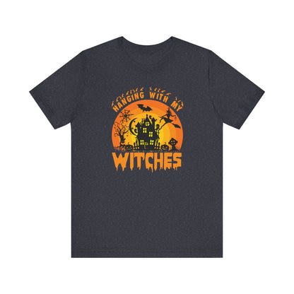 Witches and Haunted House Shirt,  Spooky Halloween Season Graphic Tee, Sunset Halloween Design, Creepy Fall or Autumn Style T Shirt, T-Shirt Printify Heather Navy XS 