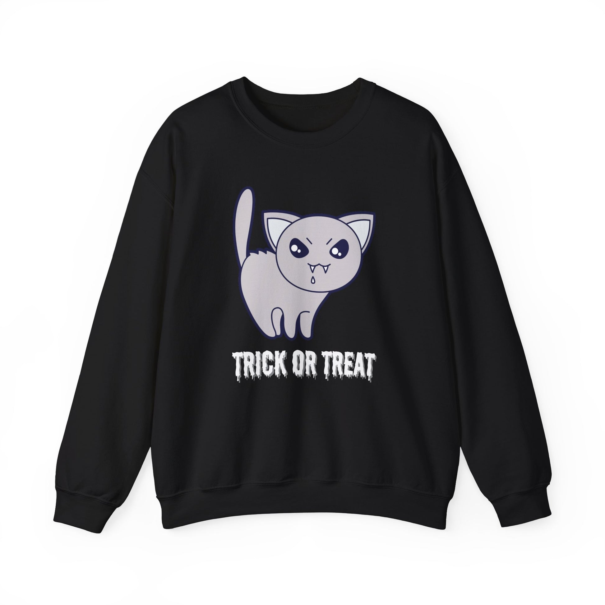 Cute Halloween Vampire Cat Sweatshirt, Trick or Treat Shirt, Spooky Ghost Season, Fun Halloween Fall, Festival Sweatshirt Sweatshirt Printify S Black 