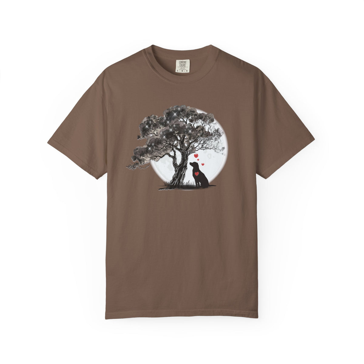 TREE MOON PET Black Dog Under Tree with Red Ball T-shirt | Dog Silhouette Nature Tee