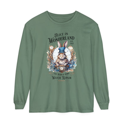 Alice in Wonderland Long Sleeve Shirt, Lewis Carroll Dark Academia TShirt, Mad Hatter Tea Party March Hare White Rabbit Bookish Booktok Gift Long-sleeve Printify Light Green S 