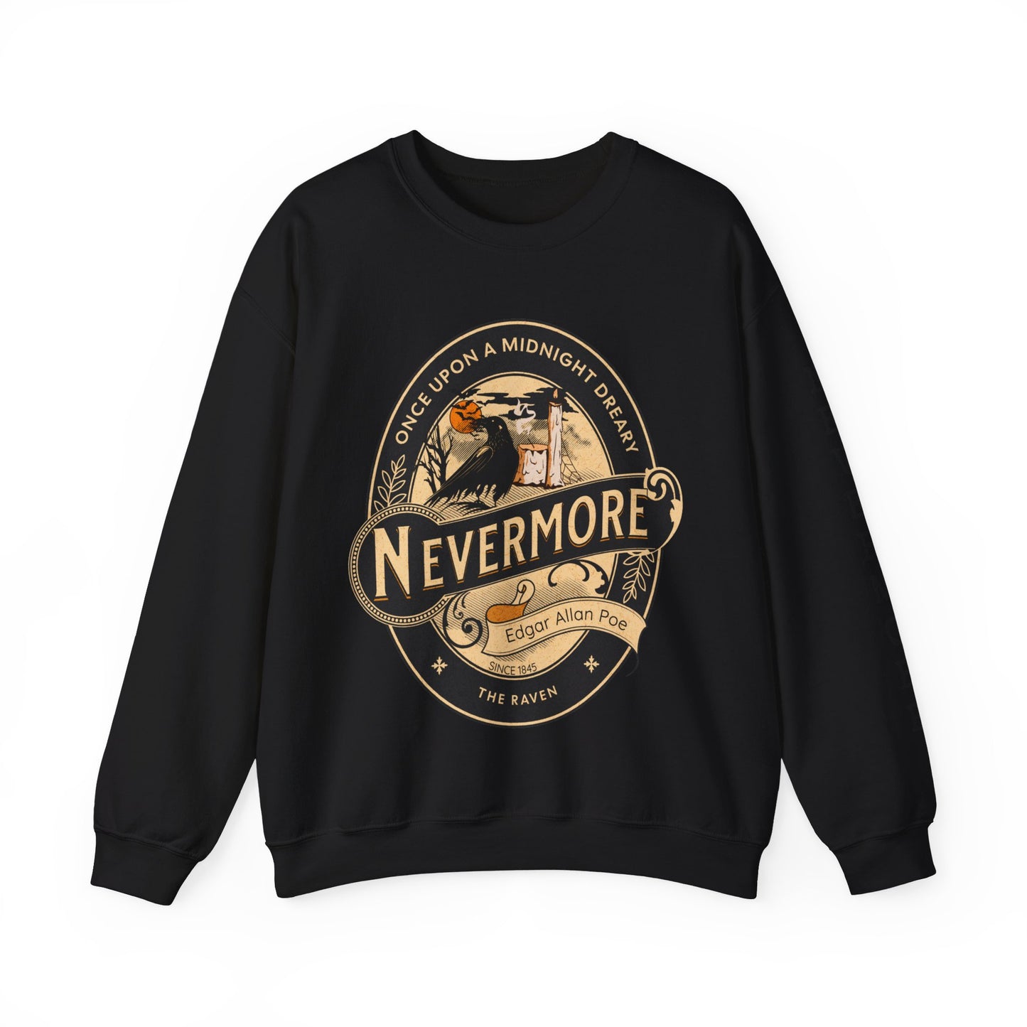 Edgar Allan Poe, Sleeve Print Nevermore The Raven Sweatshirt, Book Lover, Halloween, Haunting Gothic Gift, Light, Dark Academia, Horror Movie Sweater Sweatshirt Printify S Black 