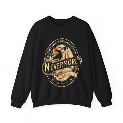 Edgar Allan Poe, Sleeve Print Nevermore The Raven Sweatshirt, Book Lover, Halloween, Haunting Gothic Gift, Light, Dark Academia, Horror Movie Sweater Sweatshirt Printify S Black 