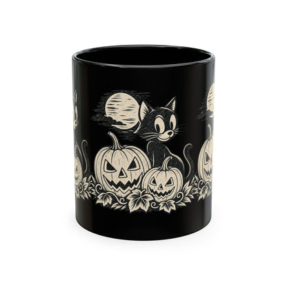 Black Cat and Jack-o'-Lanterns Mug | Halloween Pumpkin Cat Ceramic Mug