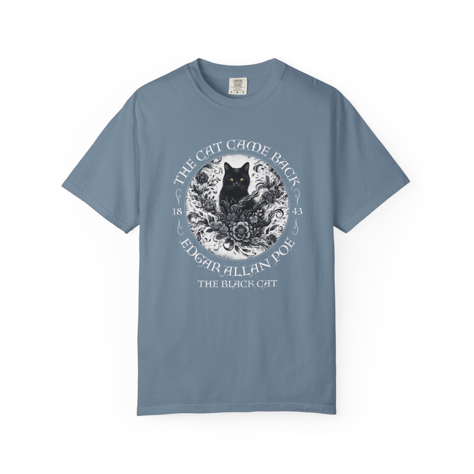 Gothic Cat TShirt Edgar Allan Poe The Black Cat Dark Academia Cottagecore Aesthetic Book Lover Gift Haunting Apparel Halloween Fall Tee T-Shirt Printify Ice Blue S