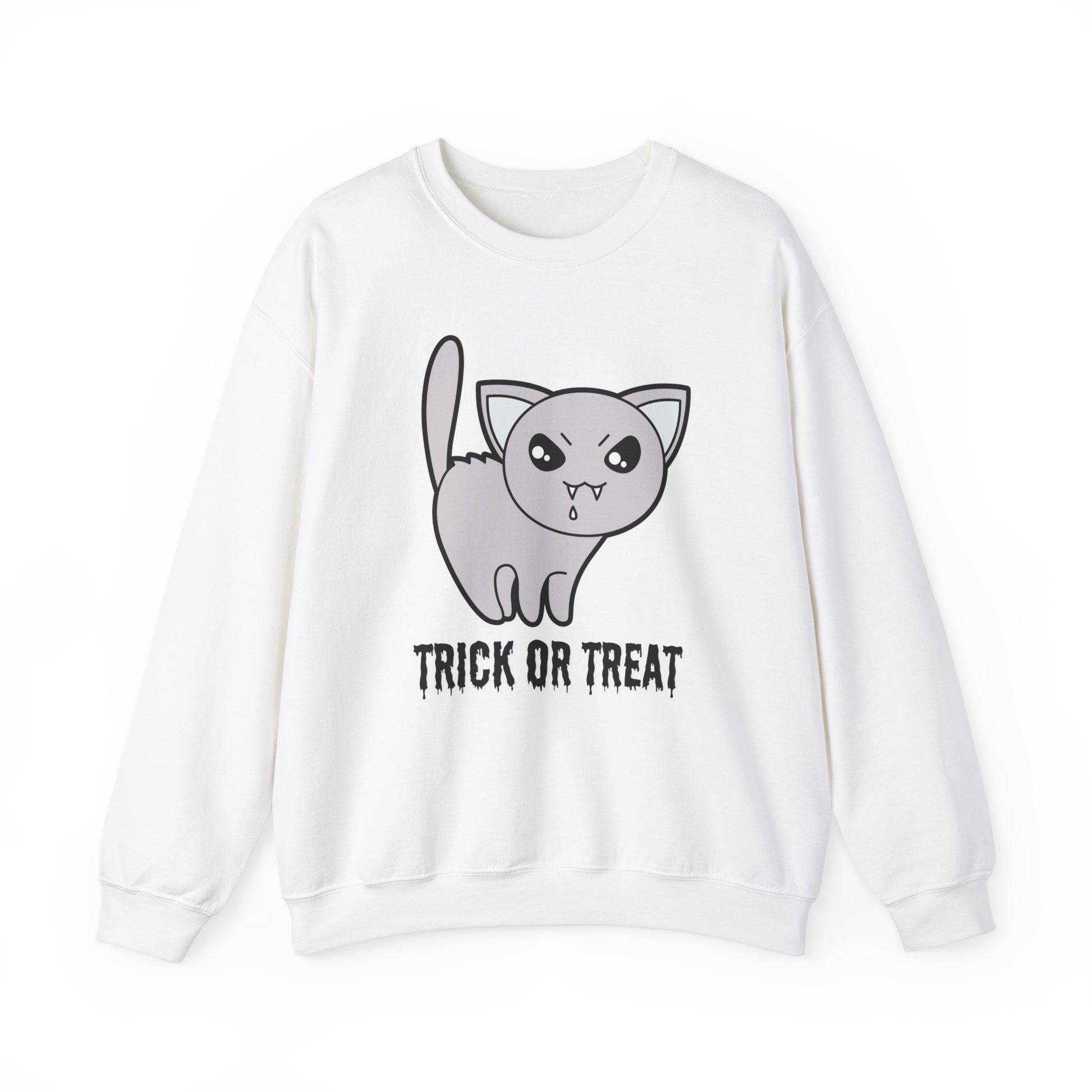 Cute Halloween Vampire Cat Sweatshirt, Trick or Treat Shirt, Spooky Ghost Season, Fun Halloween Fall, Festival Sweatshirt Sweatshirt Printify S White 