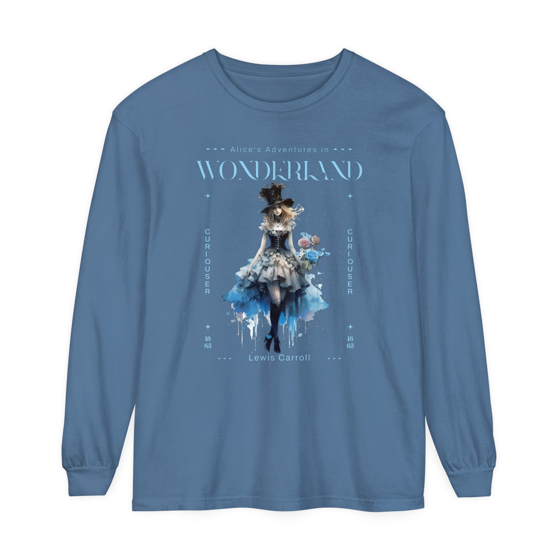 Alice In Wonderland Long Sleeve Shirt, Lewis Carroll Whimsigoth Streetwear Academia TShirt, Mad Hatter's Tea Party Tee Bookish Booktok Gift Long-sleeve Printify Blue Jean S 