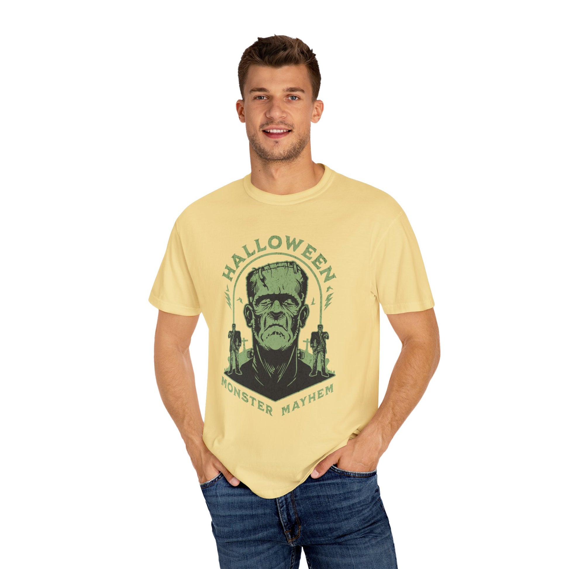 Vintage Halloween Frankenstein Monster Graphic Tee, Creepy Spooky Book Lover Gift, Horror Movie, Fall Festival Party Comfort Colors T Shirt. T-Shirt Printify   