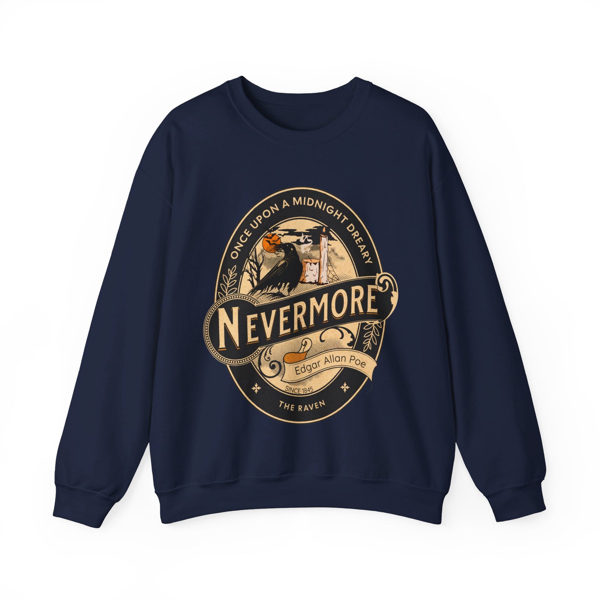 Edgar Allan Poe, Nevermore The Raven Sweatshirt, Book Lover, Halloween, Haunting Gothic Gift, Light, Dark Academia, Horror Movie Sweater Sweatshirt Printify S Navy 