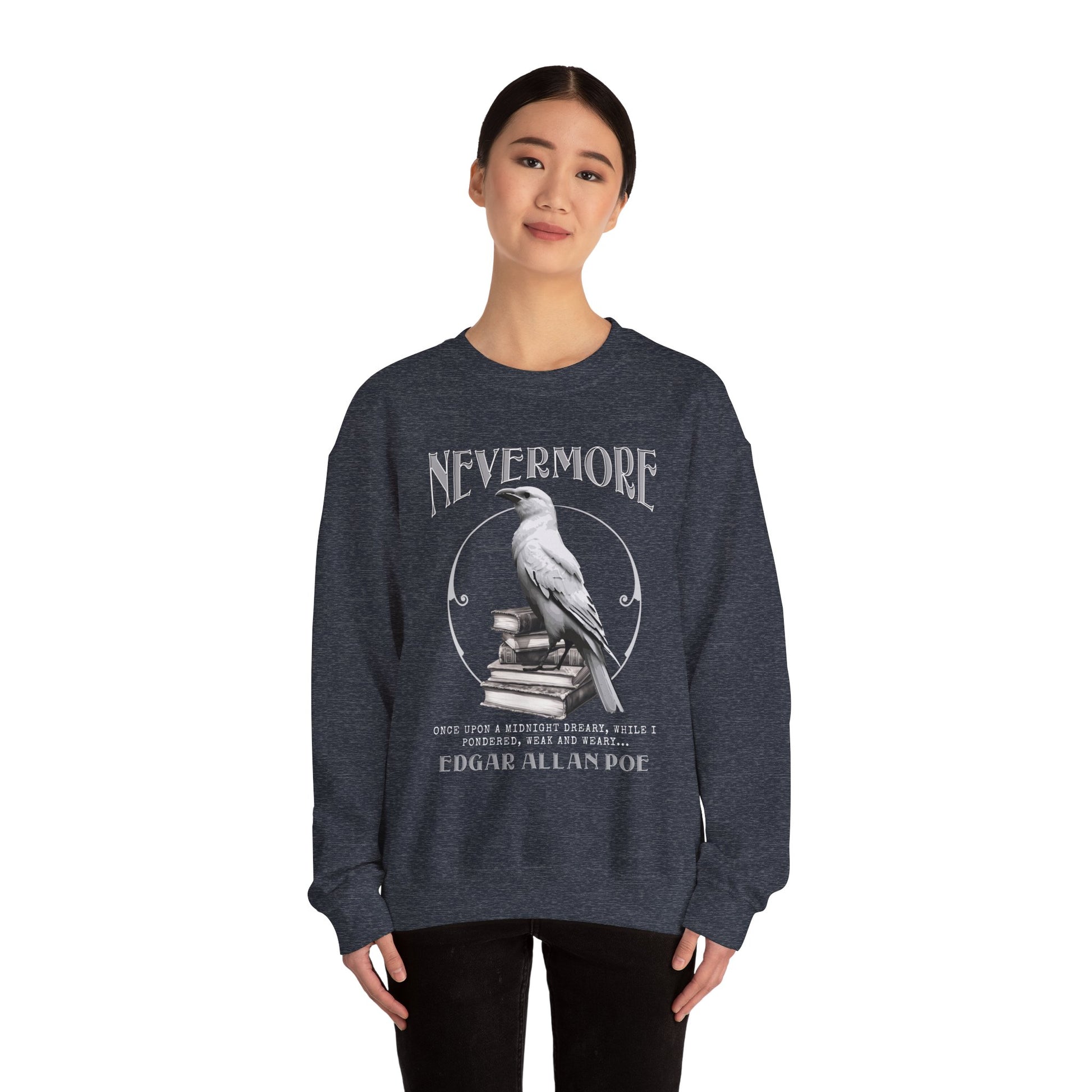 The White Raven Edgar Allan Poe Nevermore Sweatshirt Book Lover Halloween Haunting Gothic Gift Light Dark Academia Horror Movie Bookclub Sweater Sweatshirt Printify   