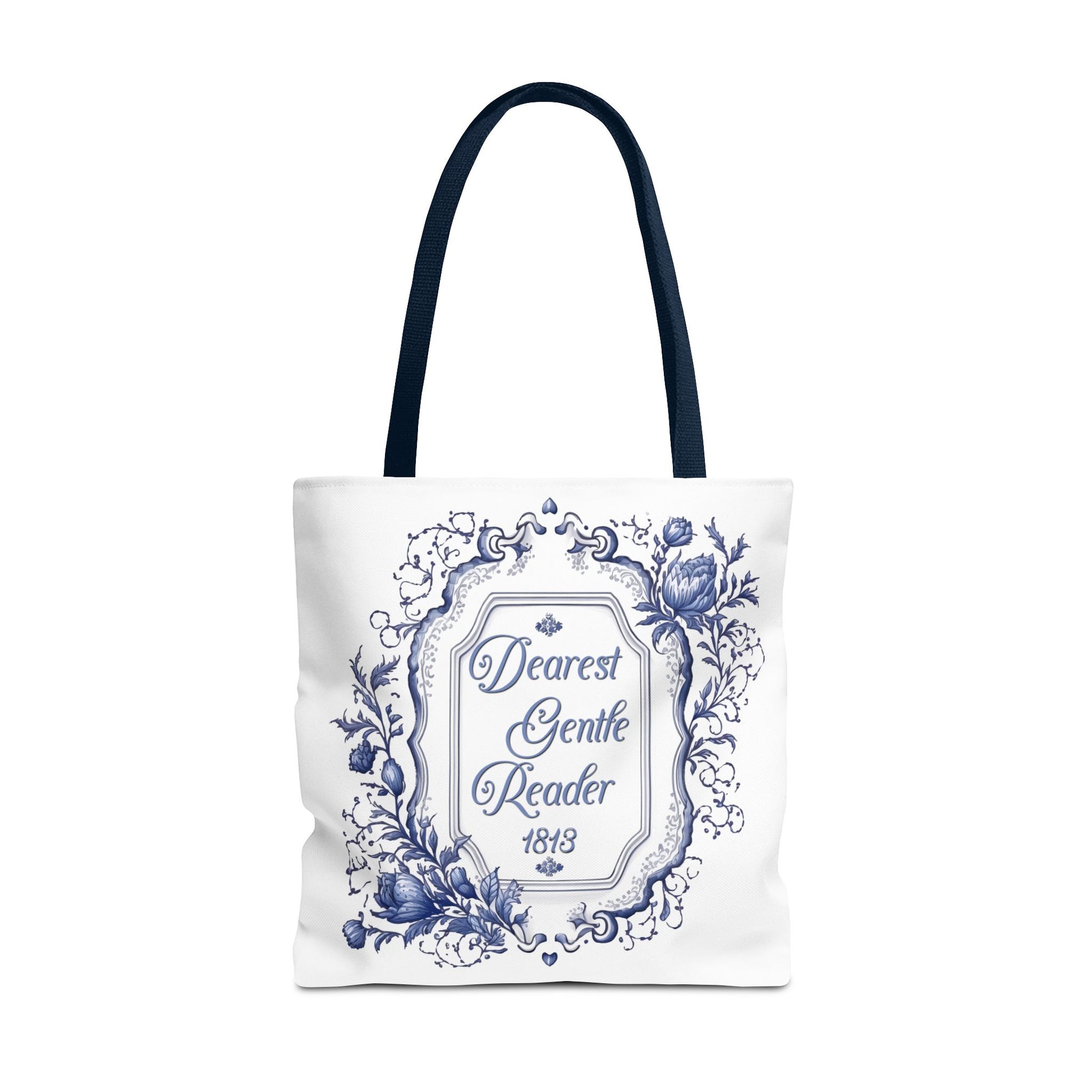 Dearest Gentle Reader Tote Bag Regency England Ton Society Papers Gift For Bridgeton Fan Historical Drama Romance Reader Gift Bookclub Gift Bags Printify 18" × 18'' Navy 