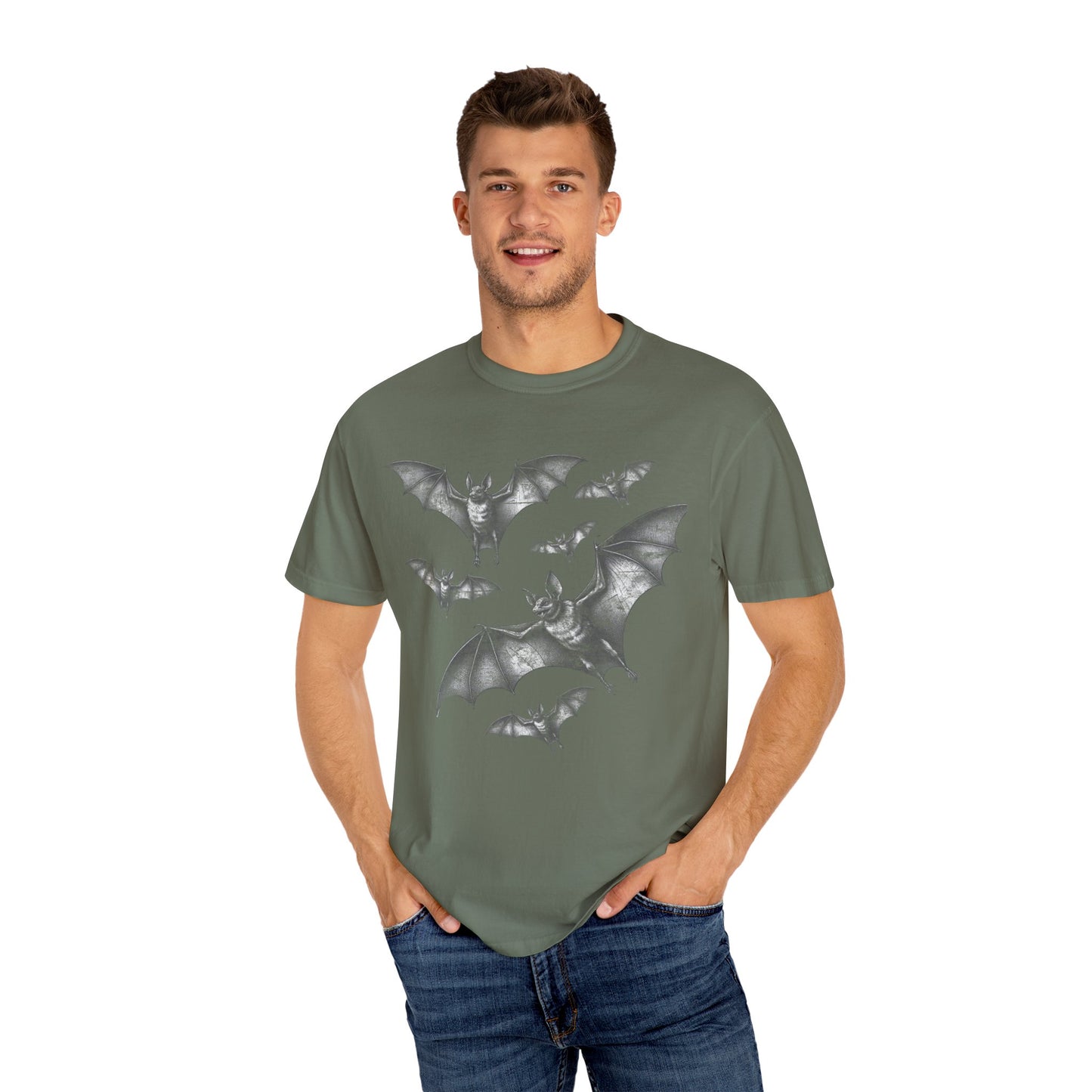 Bat Retro Goth TShirt Vintage Grunge Style Bat Shirt For Halloween Party Spooky Vibes Witchy Dark Academia Comfort Colors Oversized Shirt T-Shirt Printify Moss S