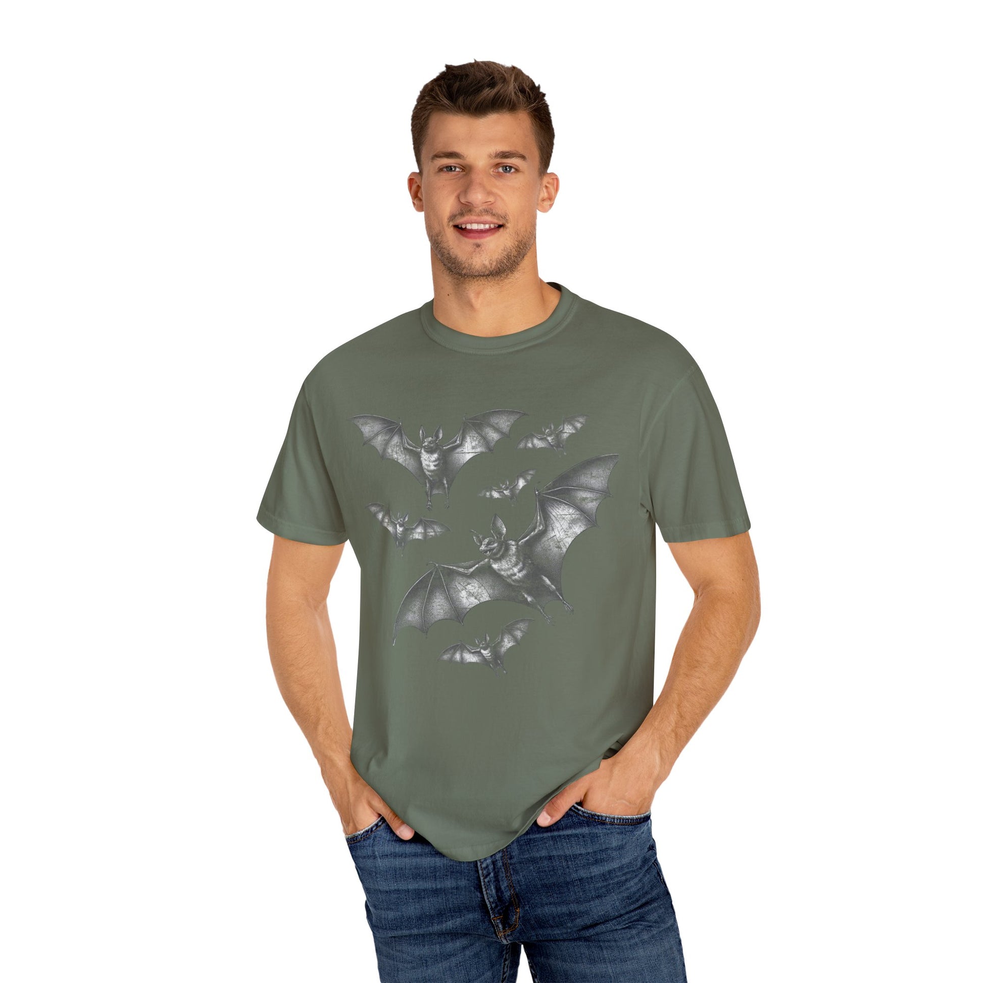 Bat Retro Goth TShirt Vintage Grunge Style Bat Shirt For Halloween Party Spooky Vibes Witchy Dark Academia Comfort Colors Oversized Shirt T-Shirt Printify Moss S