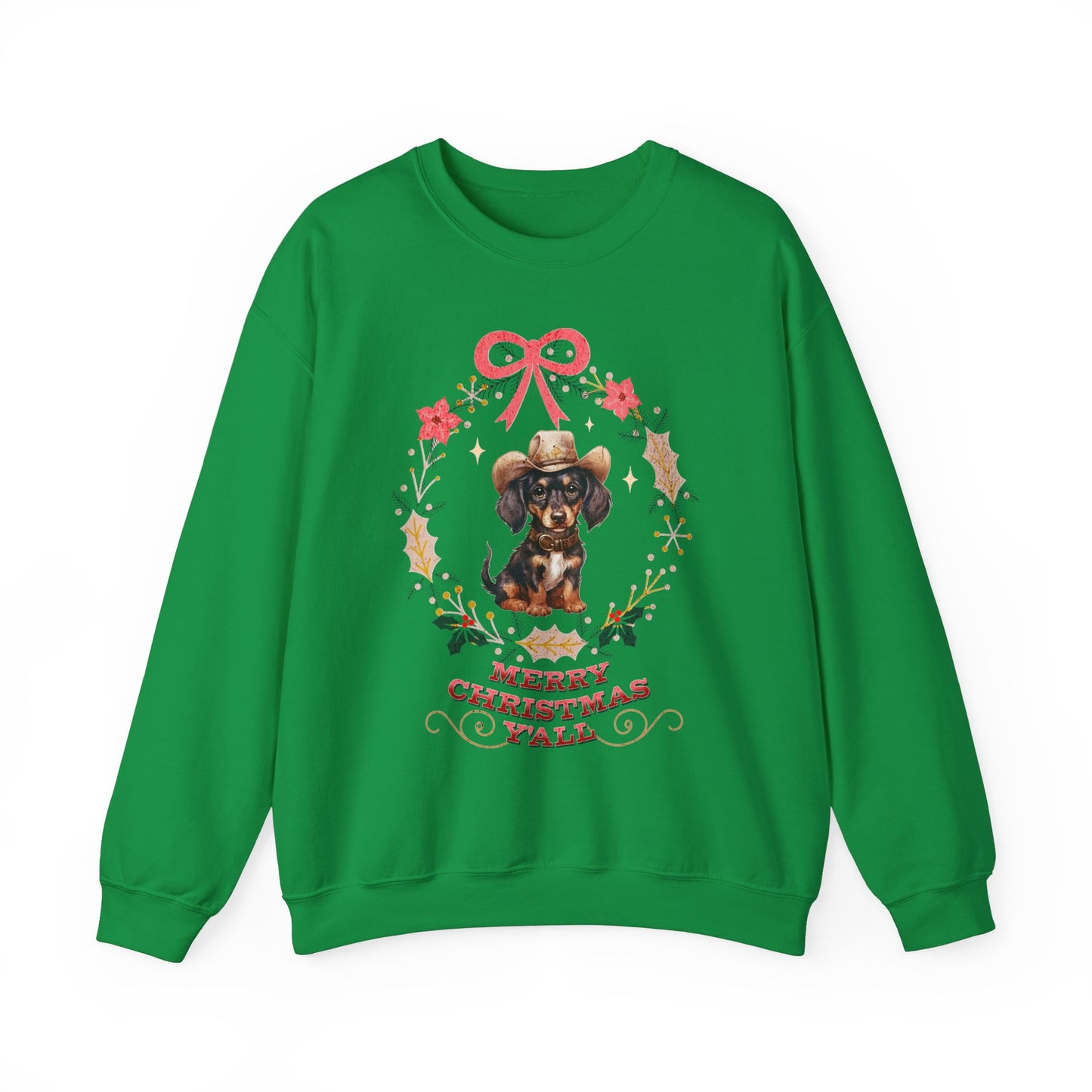 Western Dachshund Wiener Christmas Sweatshirt, Doxie Lover Gift Cowgirl Country Southern Rodeo Christmas Sweater, Animal Lover Farm Life Git Sweatshirt Printify S Irish Green 