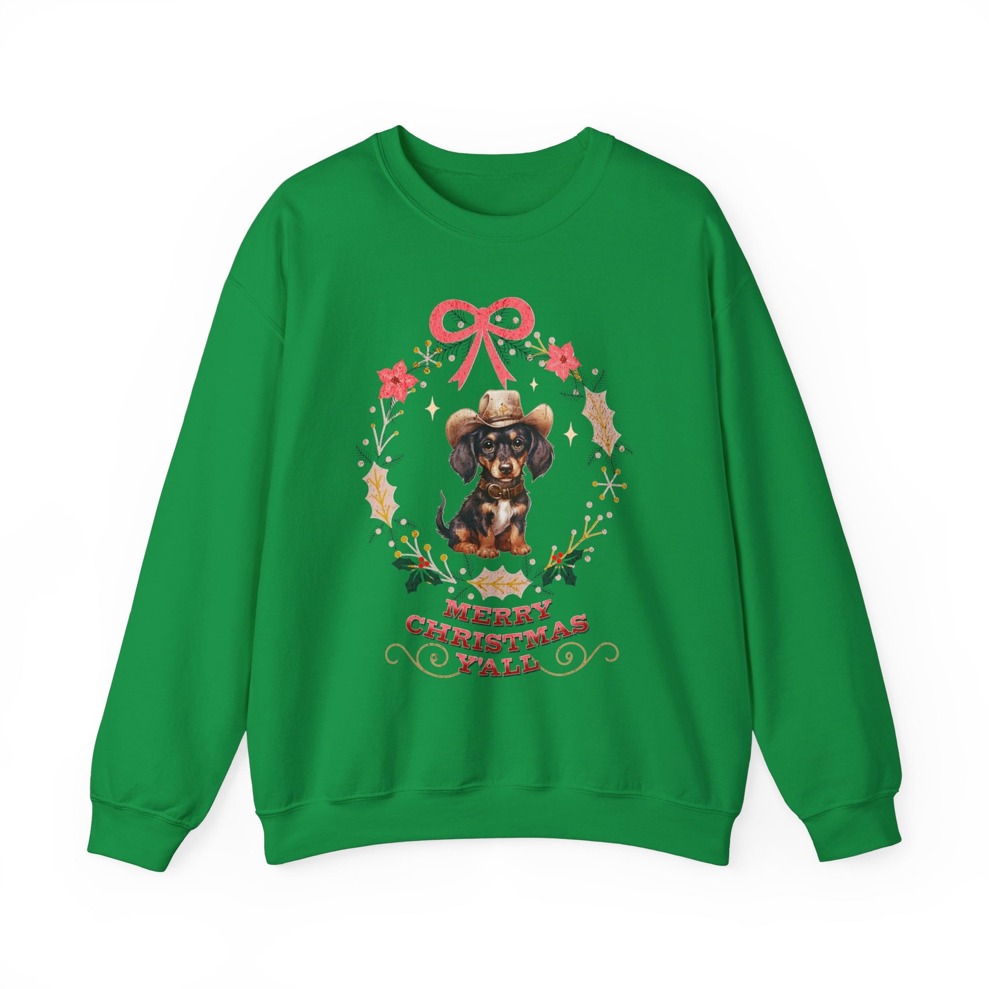 Western Dachshund Wiener Christmas Sweatshirt, Doxie Lover Gift Cowgirl Country Southern Rodeo Christmas Sweater, Animal Lover Farm Life Git Sweatshirt Printify S Irish Green 