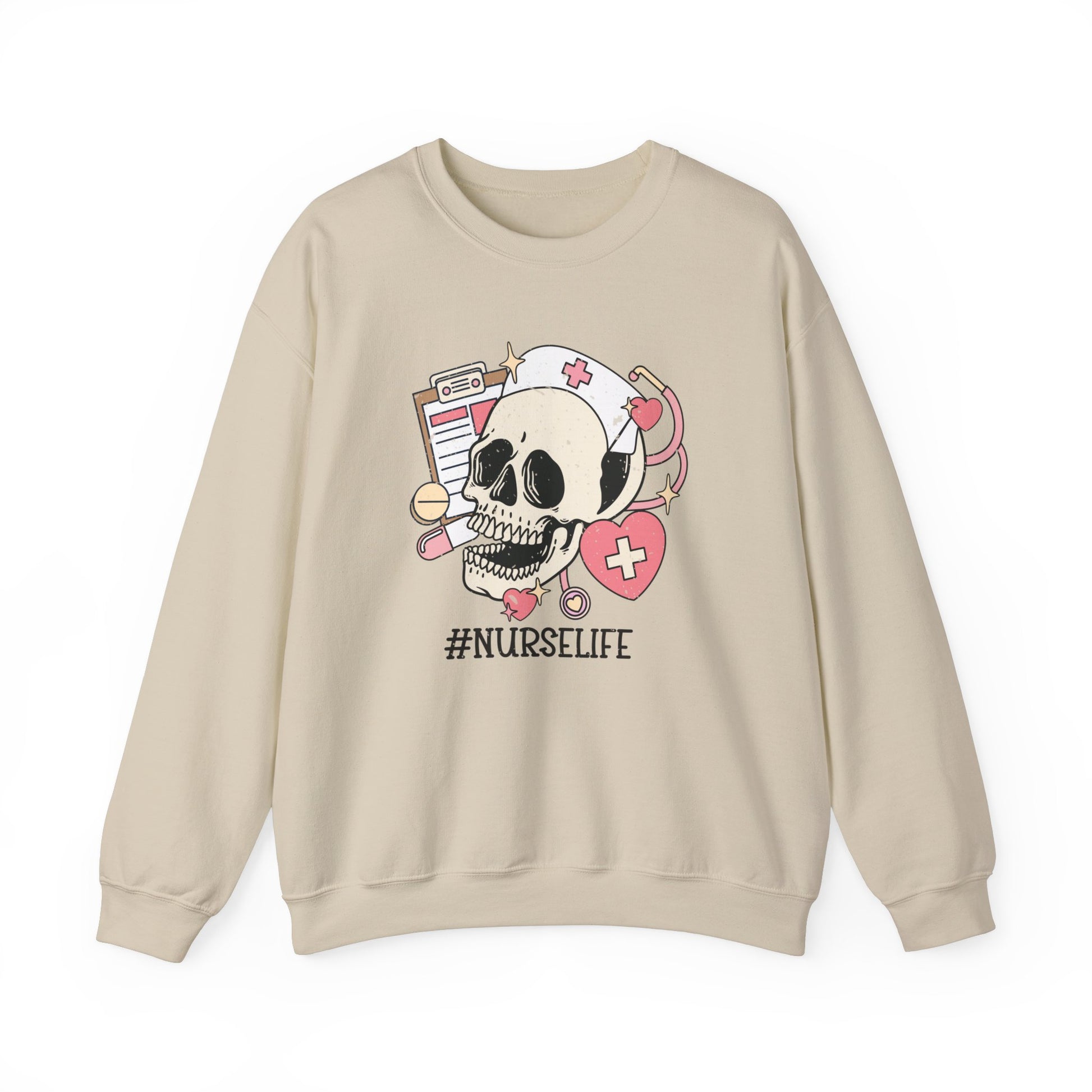 Halloween Nurse Sweatshirt,  Funny Spooky Skull Graphic Shirt, Spooky Season Sweater, Fall Season, Autumn Style Sweatshirt Sweatshirt Printify S Sand 