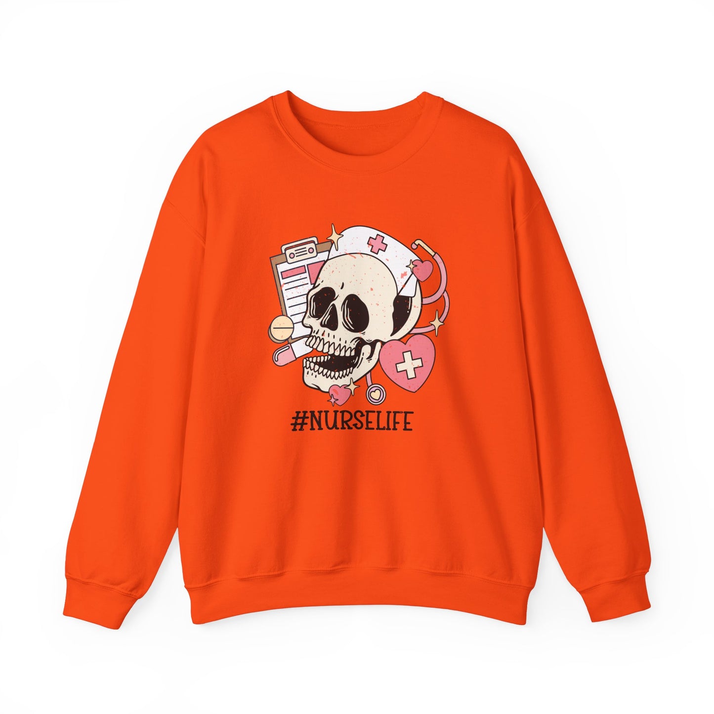 Halloween Nurse Sweatshirt,  Funny Spooky Skull Graphic Shirt, Spooky Season Sweater, Fall Season, Autumn Style Sweatshirt Sweatshirt Printify S Orange 