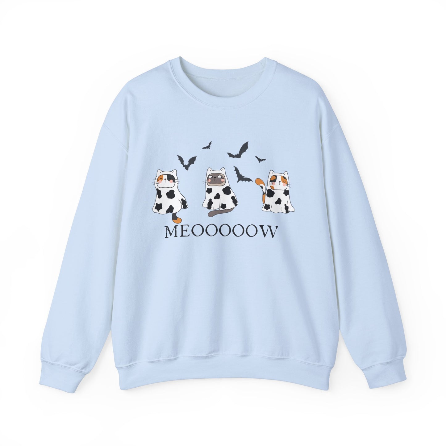 Cute Halloween Cow Ghost Cats Sweatshirt, Cats in Cow Ghost Costumes, Spooky Season Sweater, Halloween Party Shirt, Cat Lover Gift Sweatshirt Printify S Light Blue 