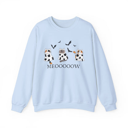 Cute Halloween Cow Ghost Cats Sweatshirt, Cats in Cow Ghost Costumes, Spooky Season Sweater, Halloween Party Shirt, Cat Lover Gift Sweatshirt Printify S Light Blue 